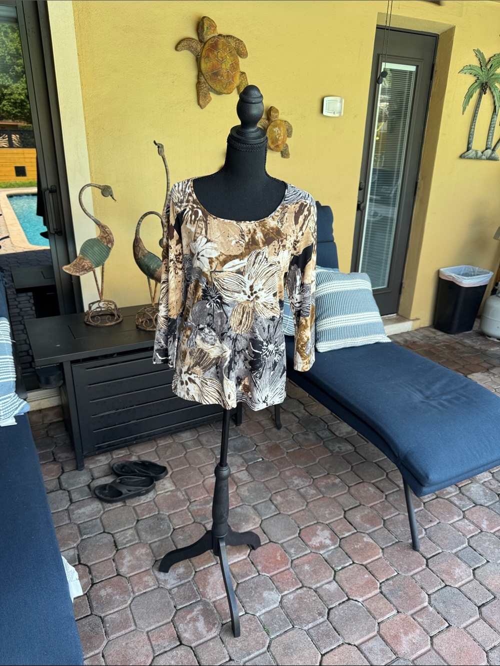 Chico's Brown Black and Cream Floral Scoop-Neck Blouse